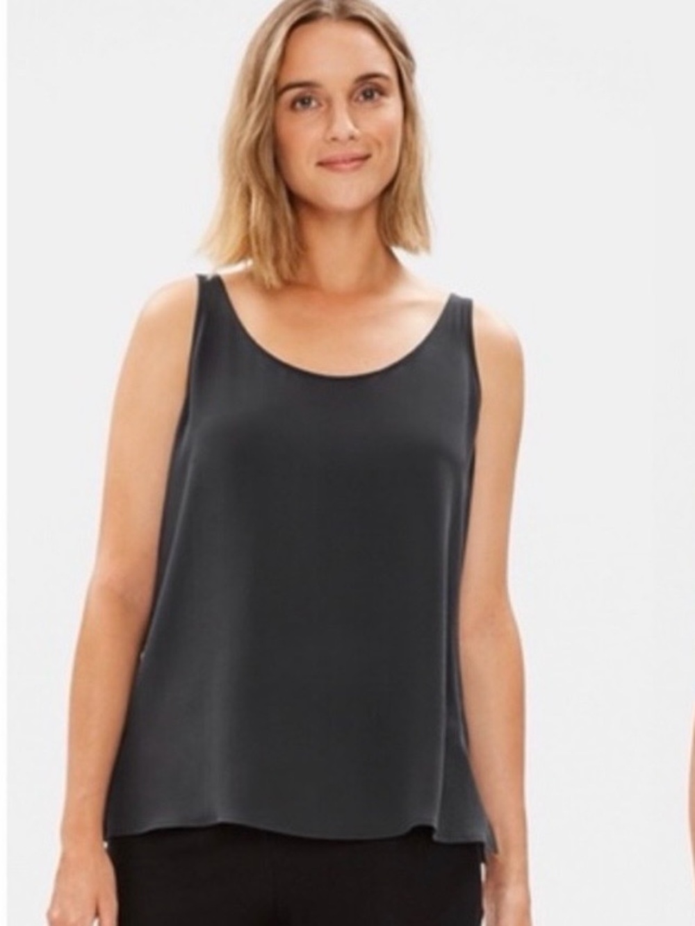 Eileen Fisher silk georgette crepe scoop neck tank top charcoal